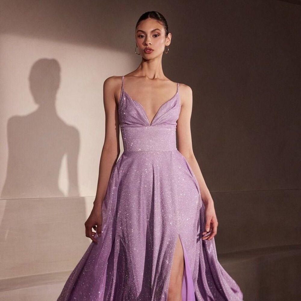New Formal A-Line Glitter Prom Long Dress w/ Open Lace Up Back & V-Neck CD T214
